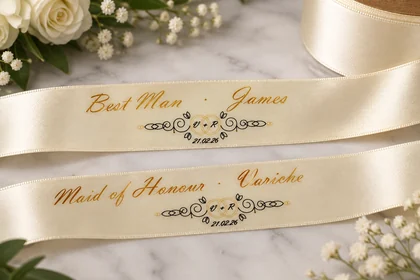 Two cream satin ribbons printed in gold script with bridal party names, initials and a wedding date
